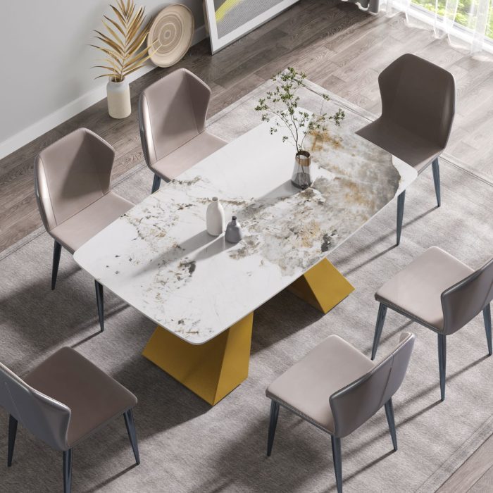 63" Modern Artificial Stone Pandora White Curved Metal Leg Dining Table, 6 People - Antique White / Gold - Image 4