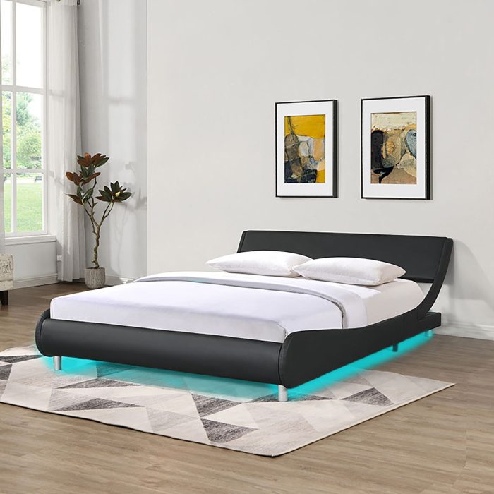 Queen Size Upholstered Platform Bed Frame, LED Lighting With Remote Controller And App, Curve Design, Wood Slat Support, No Box Spring Needed - Black - Image 2
