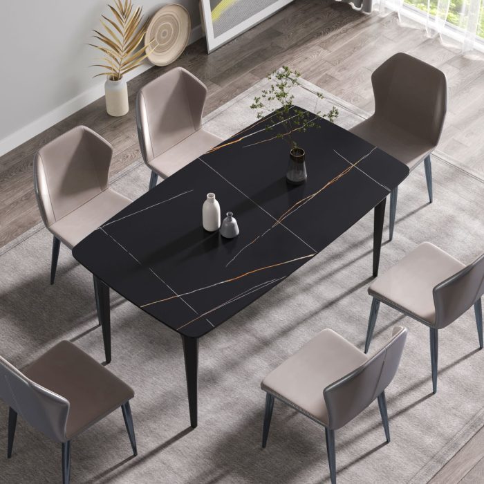 63" Artificial Stone Black Curved Black Metal Leg Dining Table, 6 People - Black - Image 3