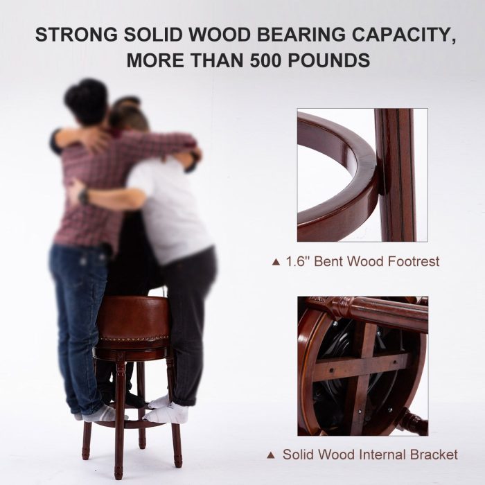 29.5'' Cow Top Leather Wooden Bar Stool, 360 Degree Swivel Bar Height Chair With Backs For Home Kitchen Counter - Image 4