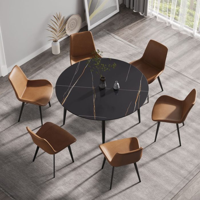 Modern Artificial Stone Round Dining Table With Metal Legs, Can Accommodate 6 People - Black - Image 4