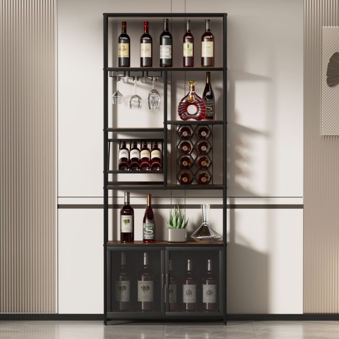 82.7" Industrial Standing Wine Rack With Glass Rack Tall Freestanding Floor Bar Cabinet - Walnut / Black - Image 2