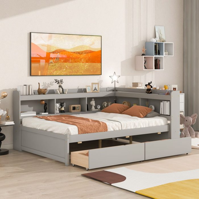 Full Bed With L-Shaped Bookcases, Drawers - Image 2