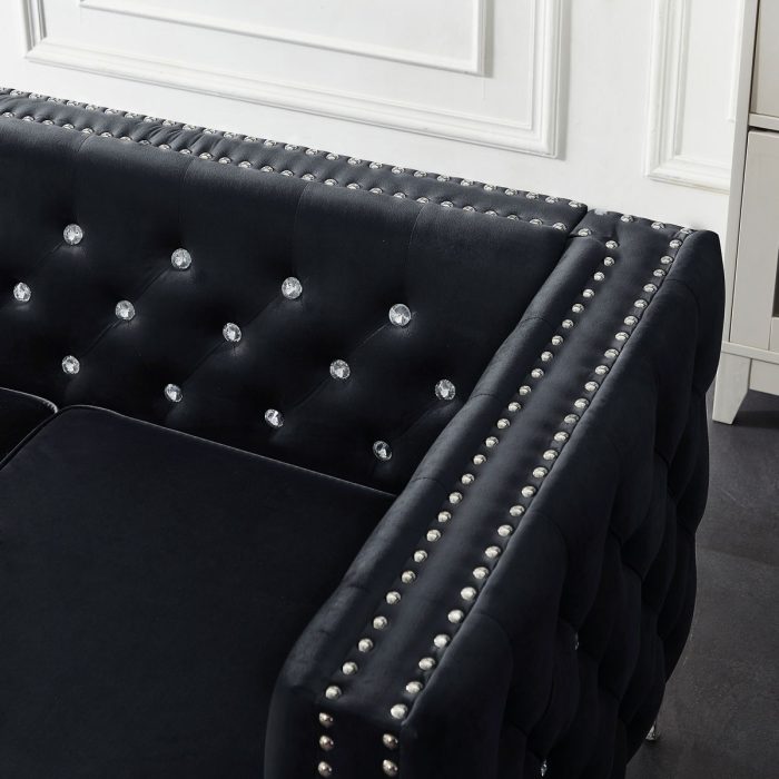 Wide Sofa With Jeweled Buttons Square Arm, 2 Pillows - Image 7