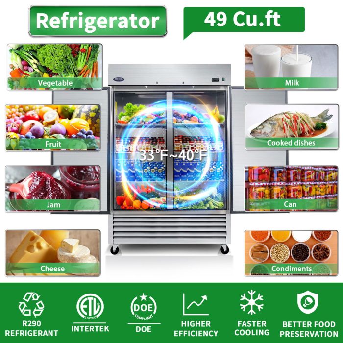 54" Commercial Refrigerator 49 Cu.Ft With 2 Solid Door Reach-In Refrigerators Stainless Steel Etl Approved Upright Fridge Storage - Silver - Image 3