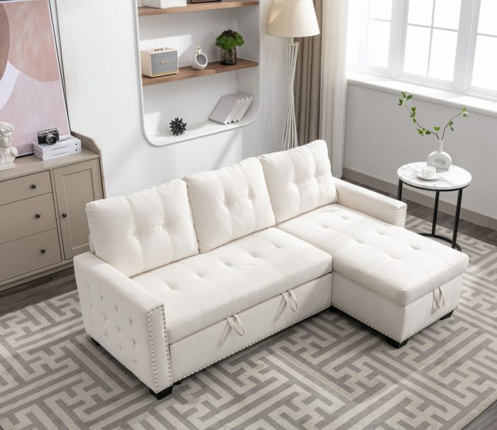 Reversible Sectional Storage Sleeper Sofa Bed, L-Shape 2 Seat Sectional Chaise With Storage, Skin-Feeling Velvet Fabric - Image 5