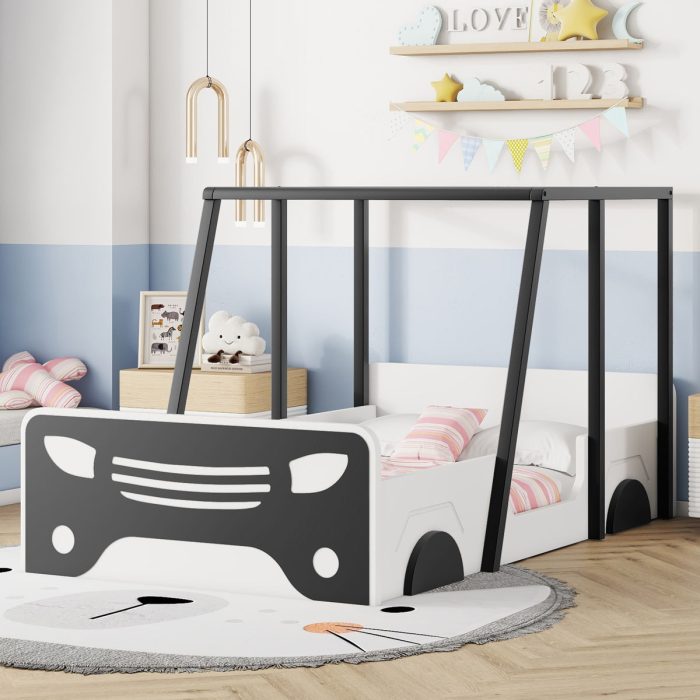 Twin Size Car-Shaped Bed With Roof, Wooden Twin Floor Bed With Wheels And Door Design, Montessori Inspired Bedroom - Image 3