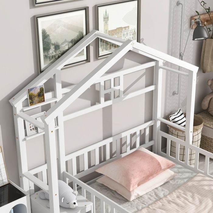 House-Style Headboard Floor Bed With Fence Guardrails Without Cushion - Image 2