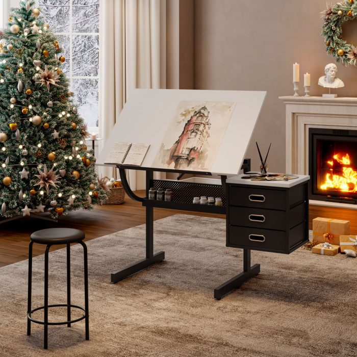 Adjustable Drafting Drawing Table With Stool And 3 Drawers - White / Black - Image 4