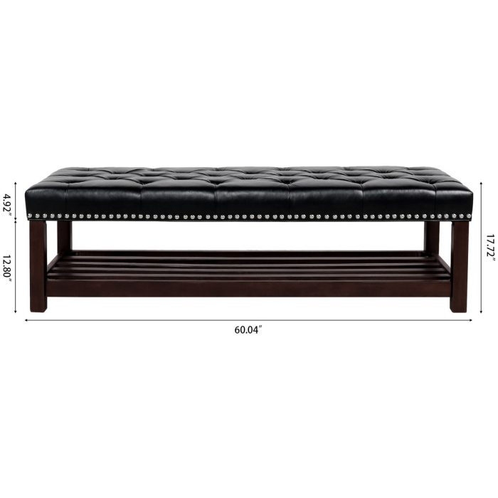 Bedroom End Of Bed Bench Tufted Upholstered End Of Bed Bench End Of Bed Entrance Shoe Bench With Nailhead Trim And Shelf Bedroom Upholstered Leather Bench Living Room Shoe Rack Footstool - Image 2
