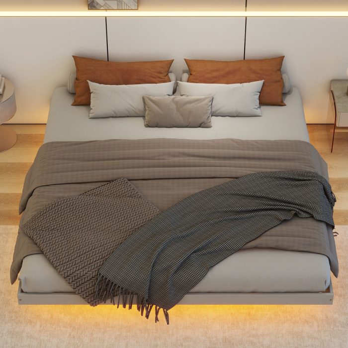 Floating Bed With Led Lights Underneath, Modern Queen Size Low Profile Platform Bed With Led Lights - Image 5