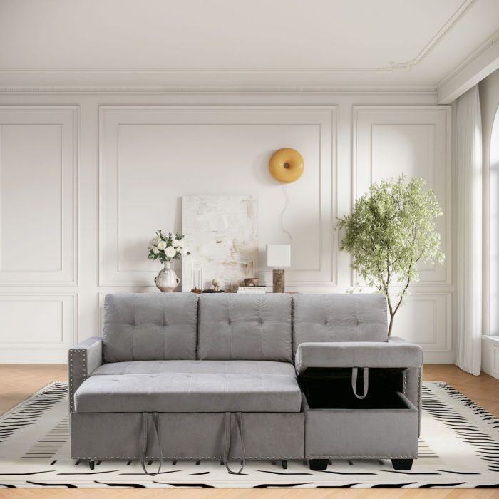 Reversible Sectional Storage Sleeper Sofa Bed, L-Shape 2 Seat Sectional Chaise With Storage, Skin-Feeling Velvet Fabric - Image 8