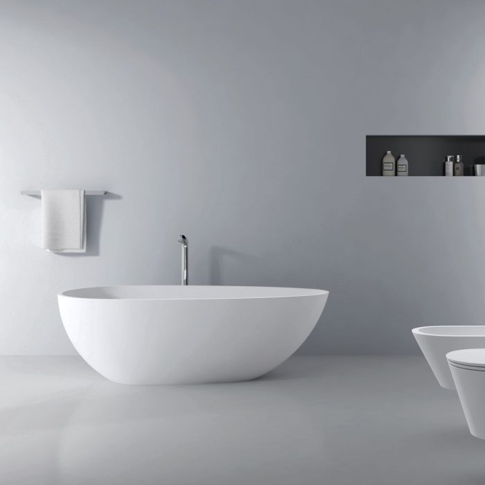 66.9" x 34" x 21.7" Freestanding Solid Surface Soaking Bathtub For Bathroom - Matte White - Image 4