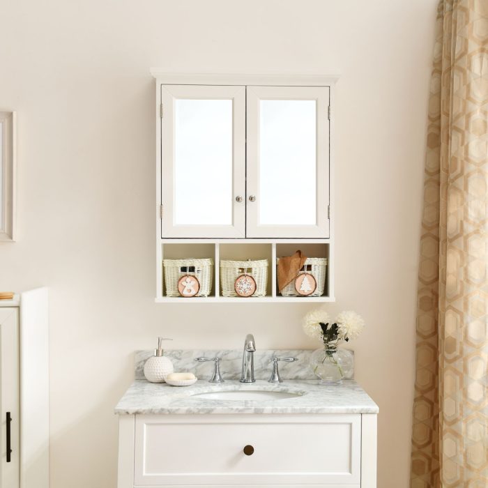 Bathroom Storage Cabinet, Medicine Cabinets For Bathroom With Mirror, 2 Doors 2 Adjustable Shelf & 3 Christmas Style Storage Basket - White - Image 2