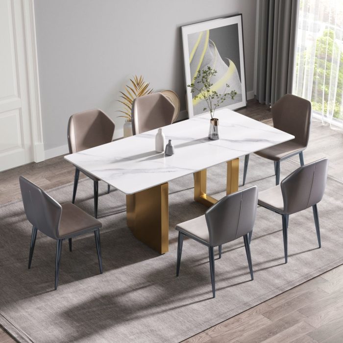 70.87" Modern Artificial Stone Straight Edge Golden Metal Leg Dining Table, Can Accommodate 6-8 People - White / Gold - Image 4