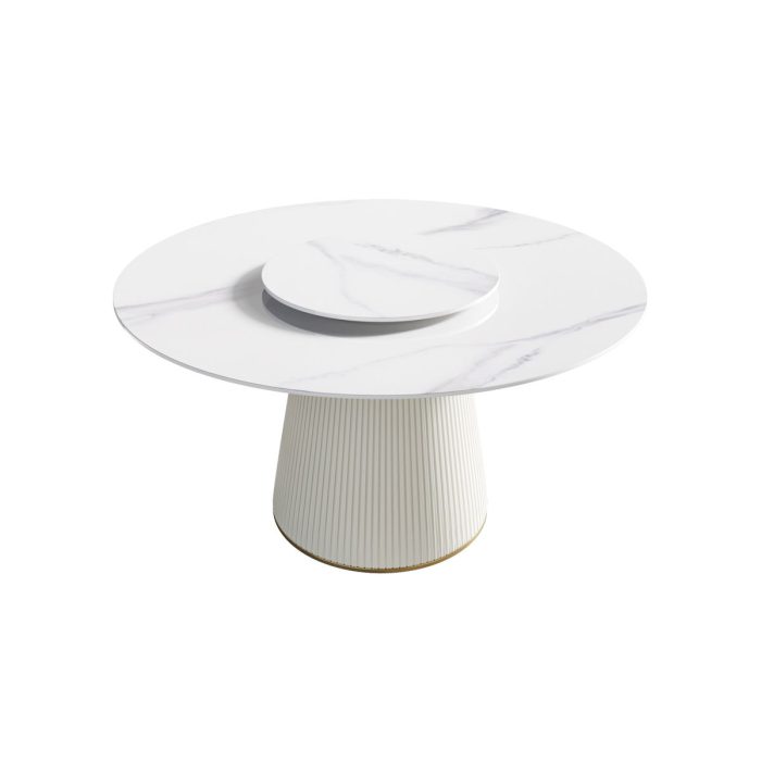 Modern Artificial Stone Round Plywood Base Dining Table, Can Accommodate 6 People, Artificial Stone Turntable (Not Including Chairs) - White / Beige