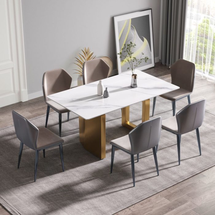 Modern Artificial Stone White Straight Edge Metal Leg Dining Table - Image 5