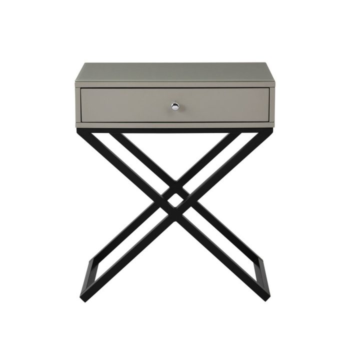 Koda - Wooden End Side Table Nightstand With Glass Top, Drawer And Metal Cross Base - Image 10
