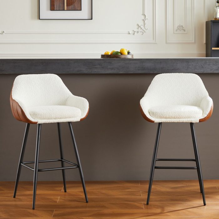 Modern Counter Height Bar Stools (Set of 2), Mid-Century Leather Upholstered Accent Arm Bar Stools, Leisure Side Chair With Metal Legs For Kitchen & Dining Room - Dark Brown / White - Image 4
