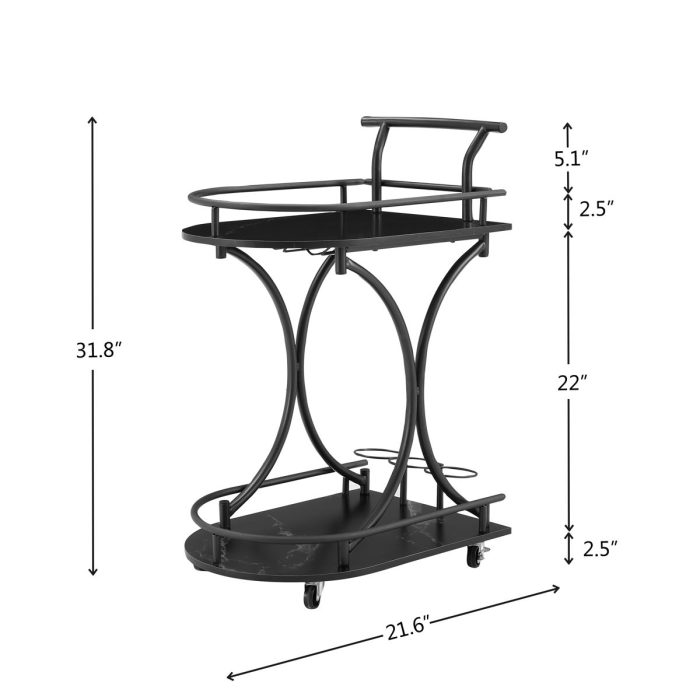 2 Tier Bar Cart, Slide Bar Serving Cart, Retro Style Wine Cart For Kitchen, Beverage Cart With Wine Rack And Glass Holder, Rolling Drink Trolley For Living Room, Dining Room - Black - Image 2