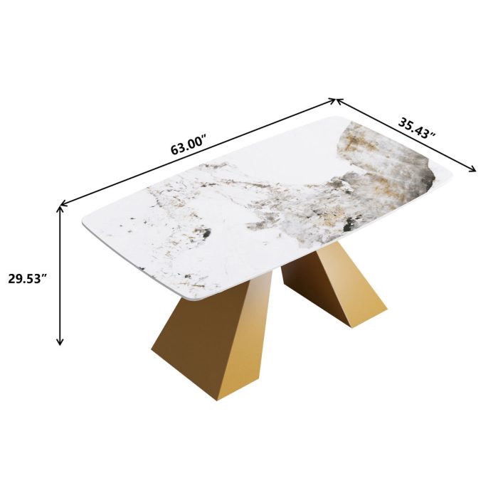 63" Modern Artificial Stone Pandora White Curved Metal Leg Dining Table, 6 People - Antique White / Gold - Image 2