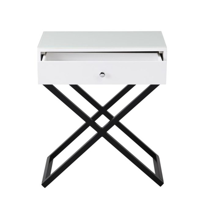 Koda - Wooden End Side Table Nightstand With Glass Top, Drawer And Metal Cross Base - Image 6