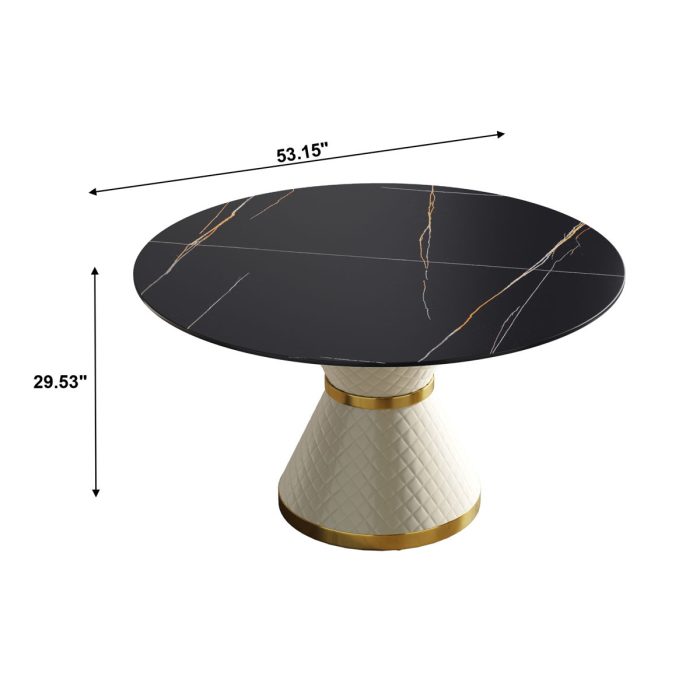 53.15" Modern Artificial Stone Round Carbon Steel Base Dining Table, Can Accommodate 6 People - Black / White - Image 2