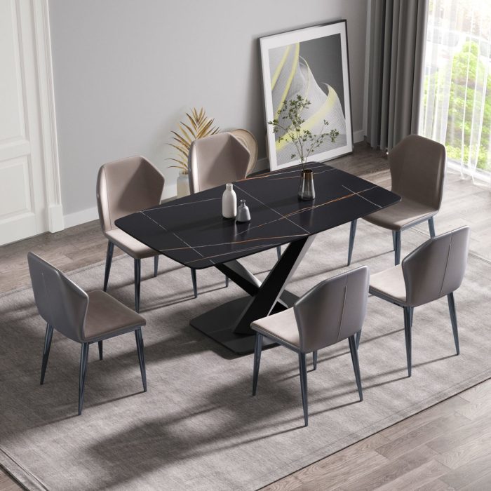 63" Artificial Stone Black Curved Black Metal Leg Dining Table - Black - Image 4