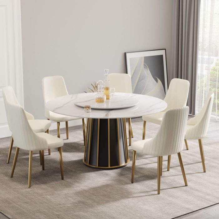 59.05" Modern Artificial Stone Round Panel Metal Iron Base Dining Table, Can Accommodate 8 People Artificial Stone Turntable (Not Including Chairs) - White / Black - Image 2