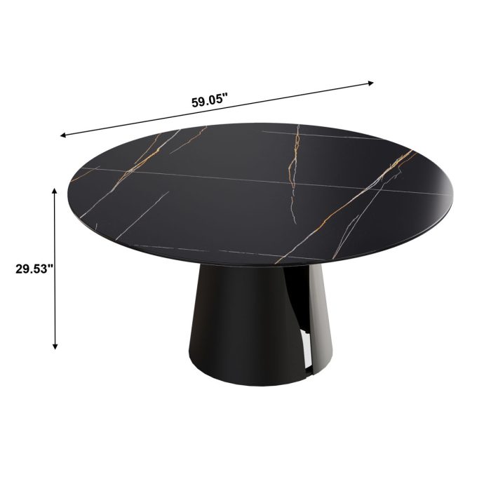 Modern Artificial Stone Round Carbon Steel Base Dining Table, Can Accommodate 6 People - Black / Gold - Image 3