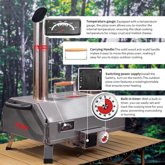 Stainless Steel Pizza Oven Outdoor 12" Automatic Rotatable Pizza Ovens, Portable Wood Fired Pizza Oven Pizza Maker With Timer, Built-In Thermometer, Pizza Cutter & Carry Bag - Silver - Image 3
