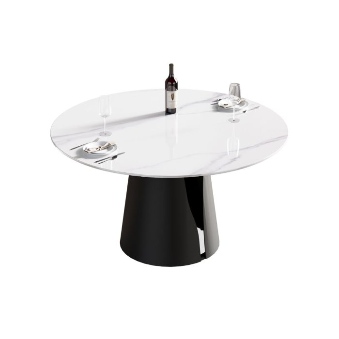 53.15" Modern Artificial Stone Round Carbon Steel Base Dining Table, Can Accommodate 6 People - White / Black - Image 4