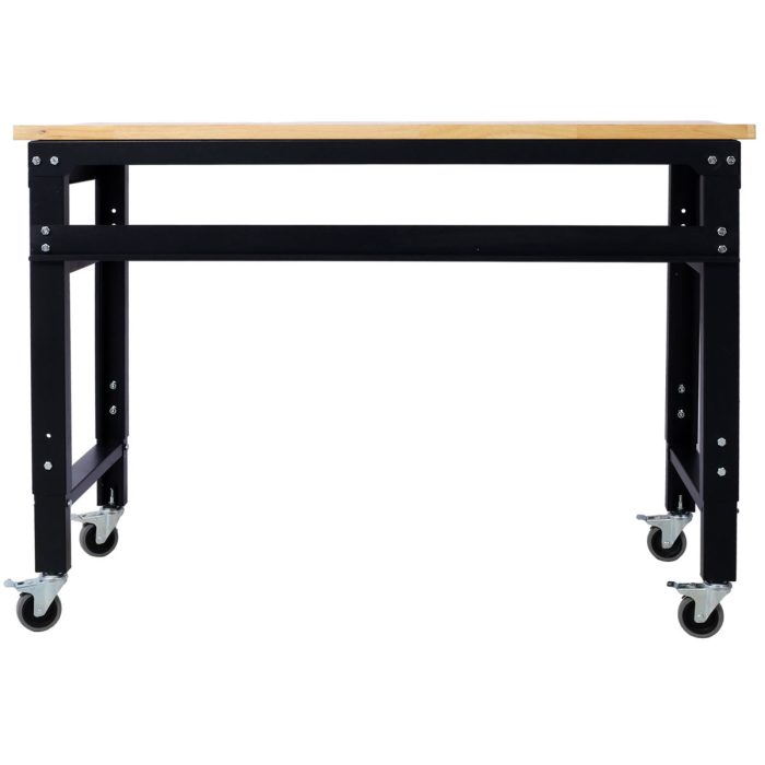 Wide Rolling Workbench For Garage, Adjustable Height, Workshop Tool Bench, Metal With Rubber Wood Top - Image 3
