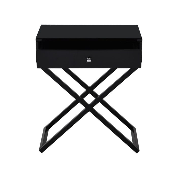 Koda - Wooden End Side Table Nightstand With Glass Top, Drawer And Metal Cross Base - Image 7