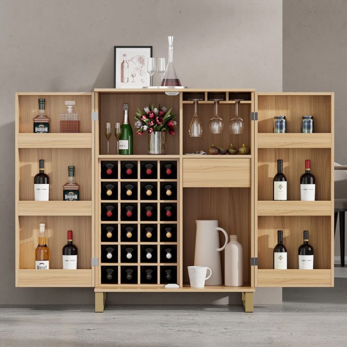 Modern Home Bar Cabinet Carved Wine Cabinet With Storage - Natural - Image 2