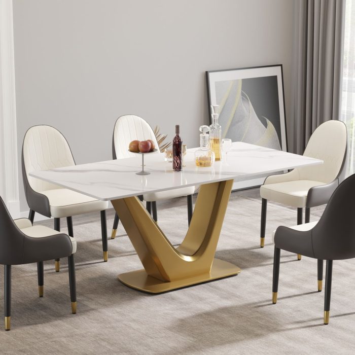 70.84" Modern Artificial Stone Panel V-Shaped Metal Legs, Can Accommodate 6-8 People - White / Gold - Image 4