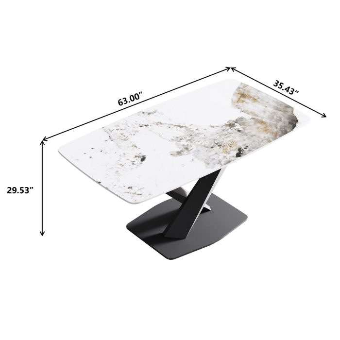 Modern Artificial Stone Pandora White Curved Metal Leg Dining Table, 6 People - Antique White - Image 4