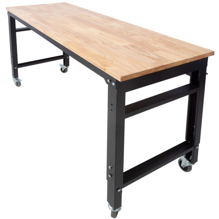 Wide Rolling Workbench For Garage, Adjustable Height, Workshop Tool Bench, Metal With Rubber Wood Top - Image 7