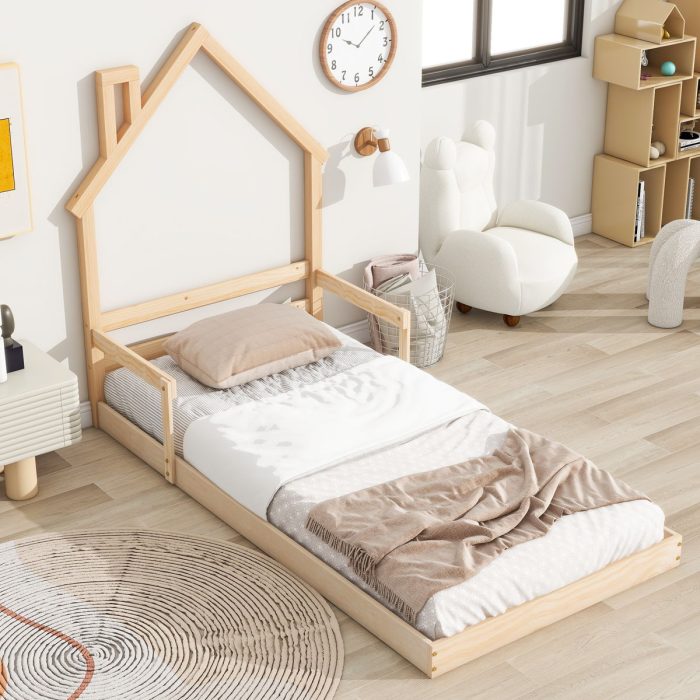 Twin House-Shaped Headboard Floor Bed With Handrails, Slats - Image 9