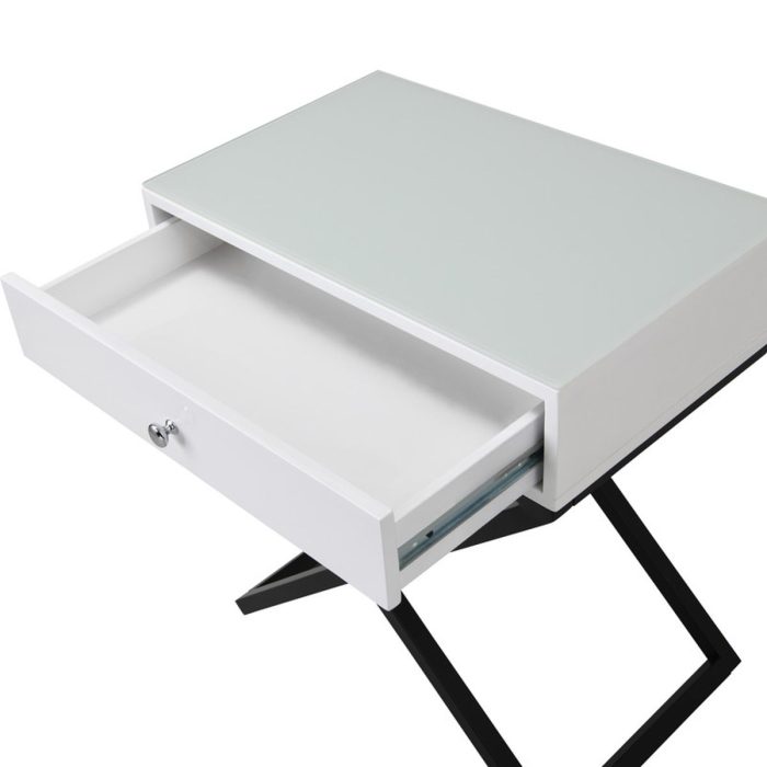 Koda - Wooden End Side Table Nightstand With Glass Top, Drawer And Metal Cross Base - Image 4