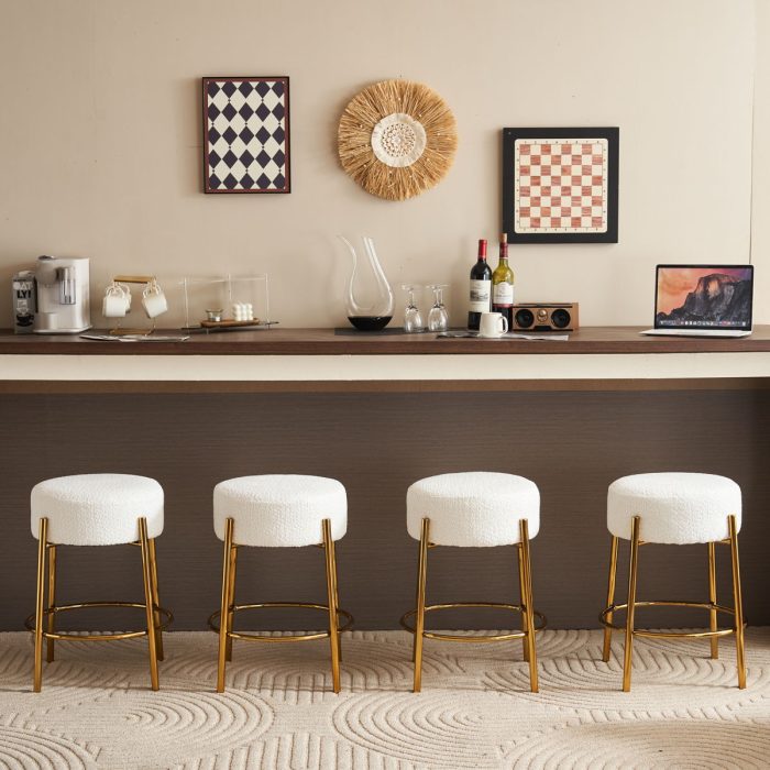 Round Bar Stools (Set of 2), Contemporary Upholstered Dining Stools For Kitchens, Coffee Shops And Bar Stores - Gold Legs - Image 4