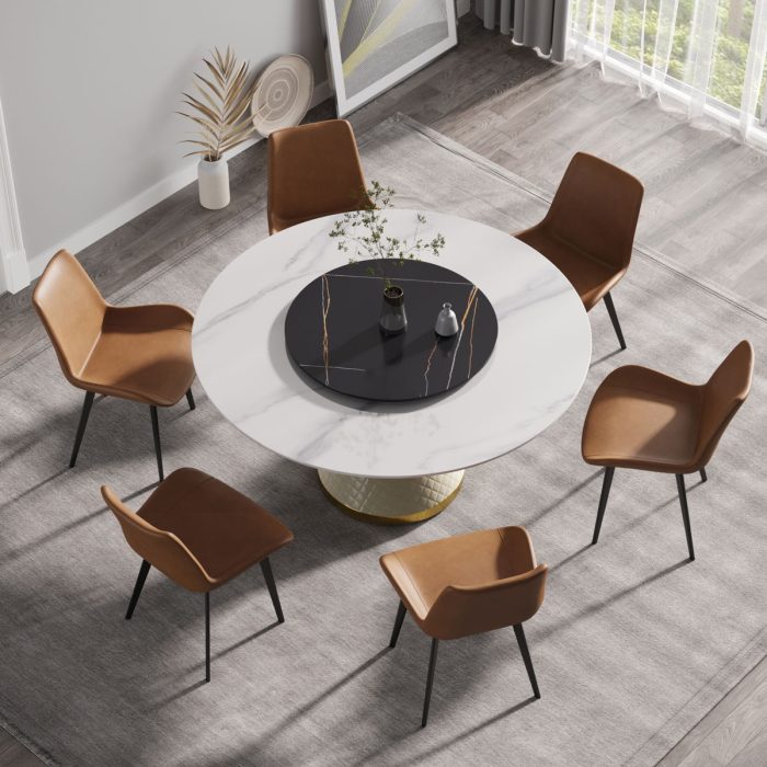Modern Artificial Stone Round Carbon Steel Base Dining Table, Artificial Stone Turntable - Image 6