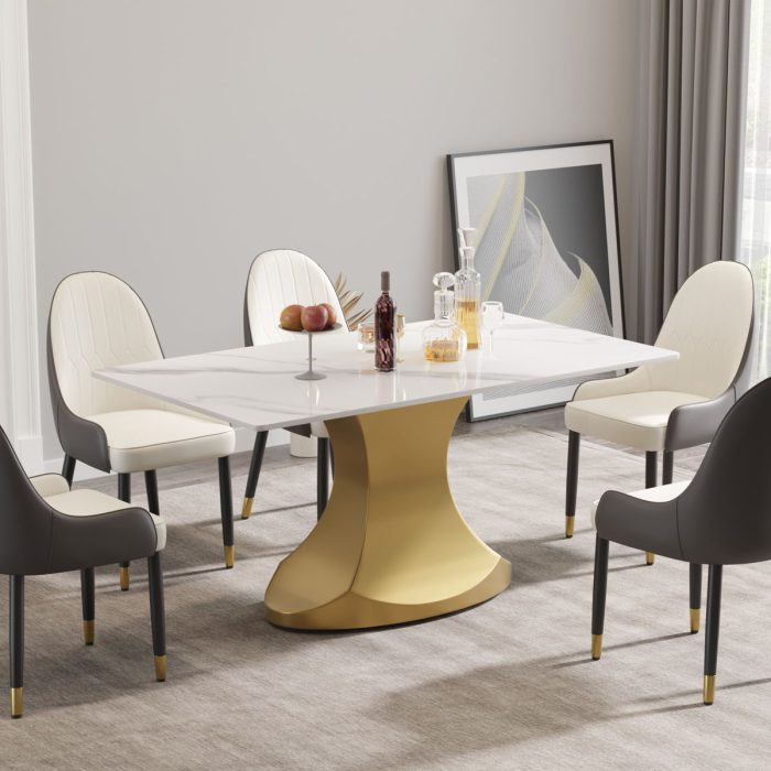 63" Modern Artificial Stone Panel Golden Stainless Steel Curved Legs, Can Accommodate 6-8 People - White / Gold - Image 4