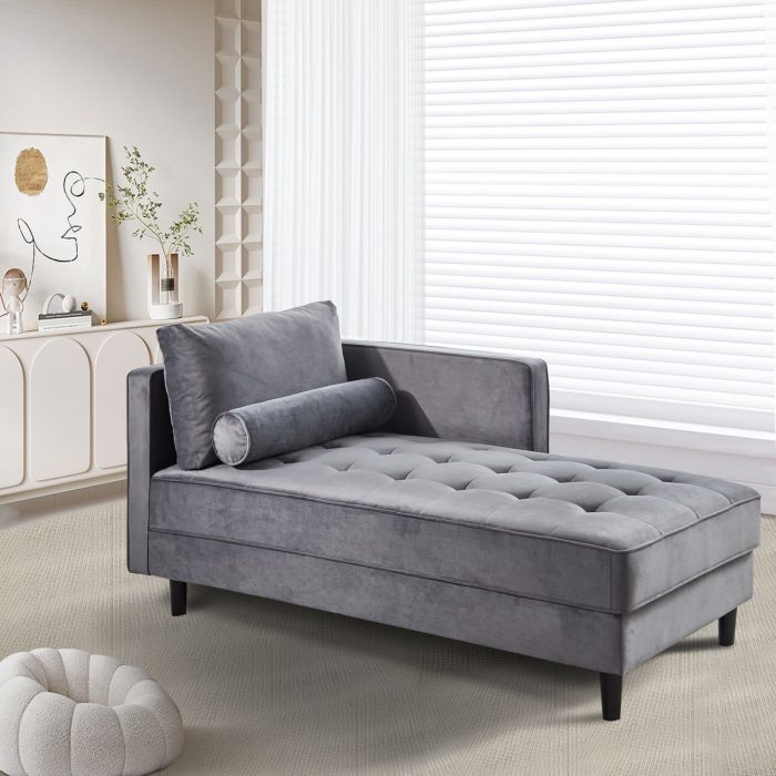 Velvet Chaise, Mid-Century Modern Chaise Furniture, Sleeper For Living Room, Apartment - Gray - Image 3