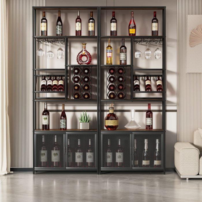 82.7" Industrial Standing Wine Rack With Glass Rack Tall Freestanding Floor Bar Cabinet - Walnut / Black - Image 3