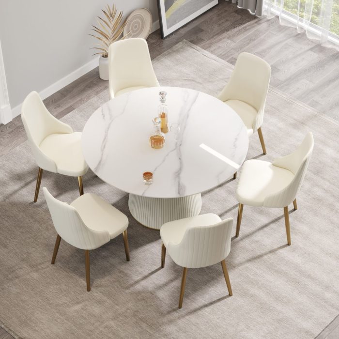 Modern Artificial Stone Round Plywood Base Dining Table, Can Accommodate 6 People, (Not Including Chairs) - White / Beige - Image 4