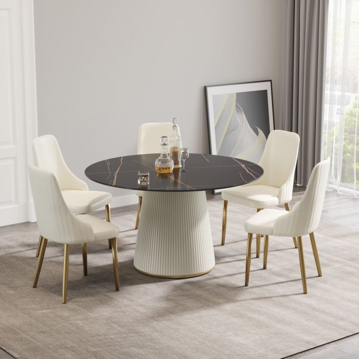 Modern Artificial Stone Round Plywood Base Dining Table, Can Accommodate 6 People, (Not Including Chairs) - Black / Beige - Image 3