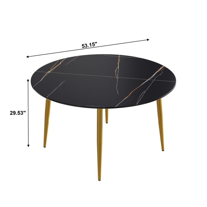 Modern Artificial Stone Round Dining Table With Golden Metal Legs, Can Accommodate 6 People - Black - Image 4