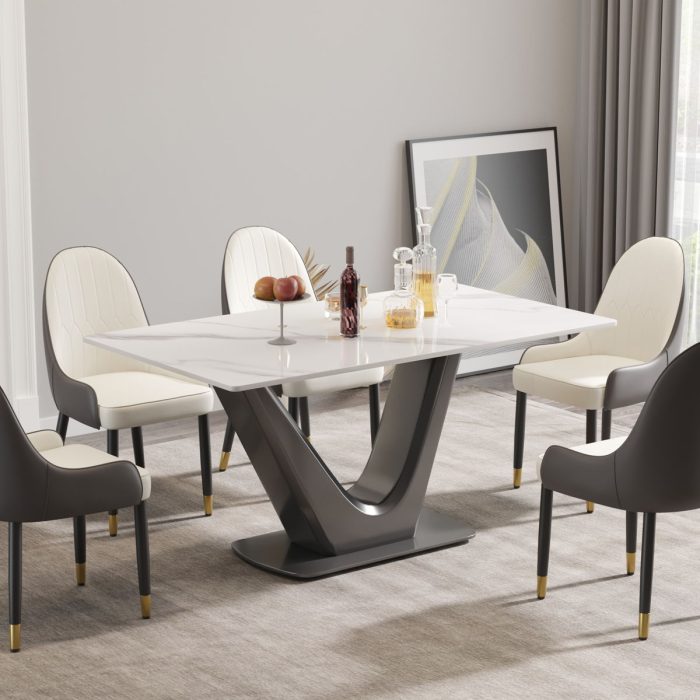 63" Modern Artificial Stone Panel V-Shaped Metal Legs, Can Accommodate 6-8 People - Image 6