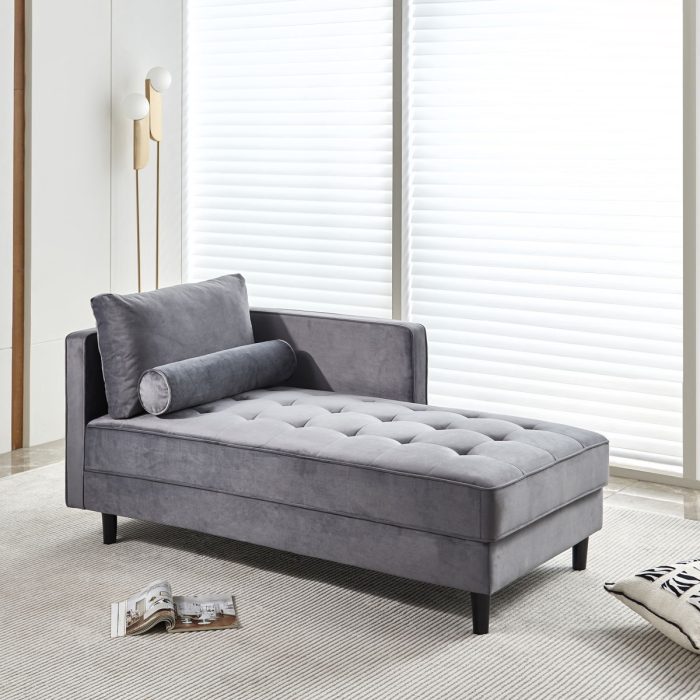 Velvet Chaise, Mid-Century Modern Chaise Furniture, Sleeper For Living Room, Apartment - Gray - Image 2